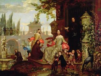 Portret van een familie in een tuin, 1680